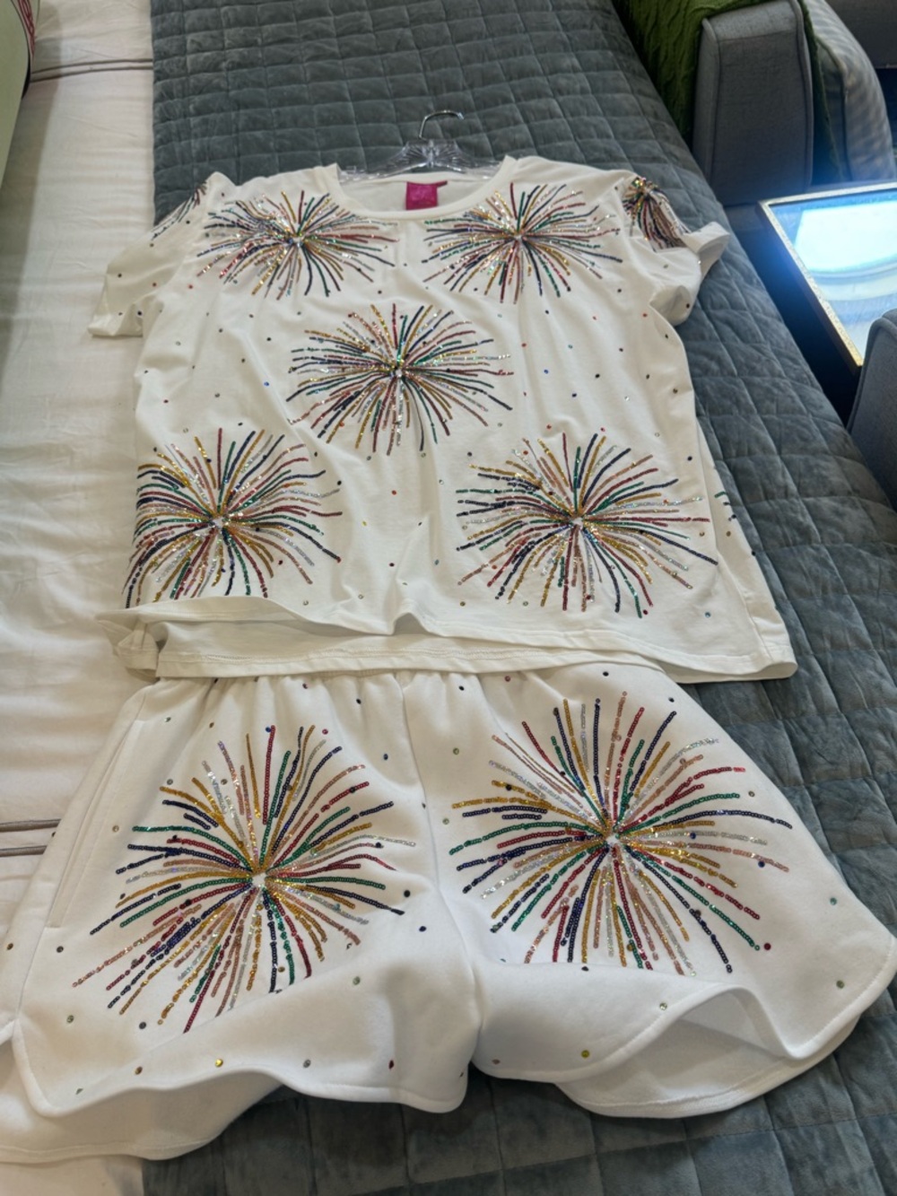 QUEEN OF SPARKLES White Multicolor Sequin Firework Pajama Set
